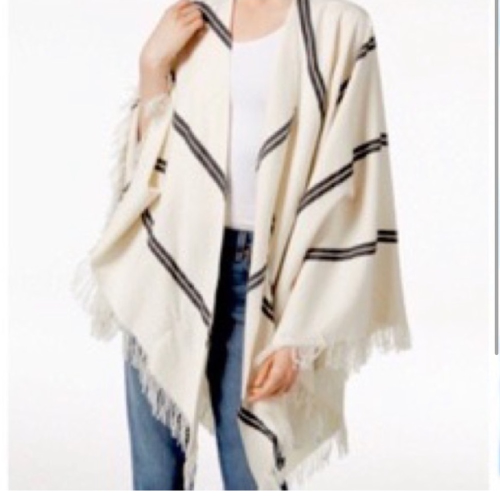 Eileen Fisher Organic Cotton Poncho Striped Lightweight Cover up Black Ivory